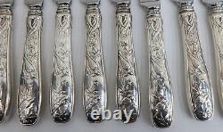 12 Tiffany & Co Sterling Silver Hollow Dinner Knives in Japanese Audubon c1890