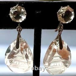 1930s Japanese Sterling Silver Reverse Carved Crystal Pagoda Earrings