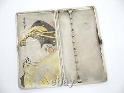 6 3/8 in Sterling Silver Antique Japanese Woman with Fabric Roll Cigarette Case