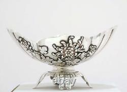 6.5 in Sterling Silver Antique Japanese Chrysanthemum Footed Candy Nut Dish