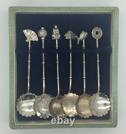 6 Vintage Japan Sterling Silver Demitasse Spoons + Case Japanese Souvenir Buddha