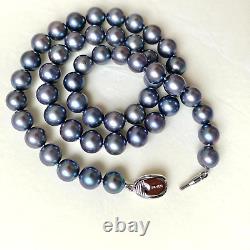 7.5-8mm round blue gray Japanese Akoya pearl Necklace sterling silver Clasp, 17