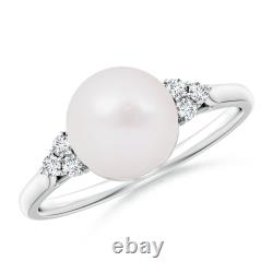 ANGARA 8mm Japanese Akoya Pearl Ring with Trio Diamonds in Sterling Silver