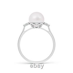 ANGARA 8mm Japanese Akoya Pearl Ring with Trio Diamonds in Sterling Silver