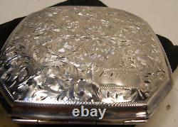 ANTIQUE 970 STERLING SILVER ENGRAVED JAPANESE EXPORT POWDER COMPACT WithMIRROR