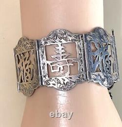 Antique Japanese Lucky Happy Sterling Silver Link Bracelet withOriginal Box c1940