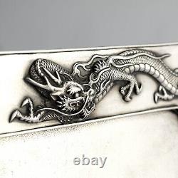 Antique Japanese Meiji Dragon Pattern Solid Sterling Silver Tray / Platter