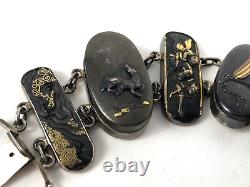 Antique Japanese Meiji Period Shakudo Sterling Mixed Metal Kashira Link Bracelet