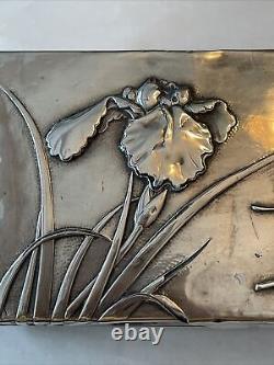 Antique Japanese Meiji Period Sterling Silver Repousse Iris Flower Box