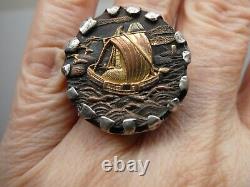 Antique Japanese Menuki Shakudo Sea Sailing SHIP Sterling 925 Meiji Era RING 7.5