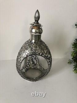 Antique Japanese Sterling Silver Decanter Overlay Glass Bottle/ Decanter