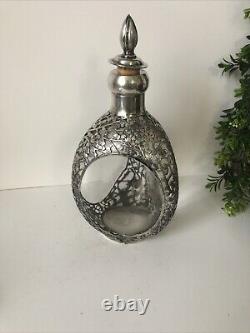 Antique Japanese Sterling Silver Decanter Overlay Glass Bottle/ Decanter