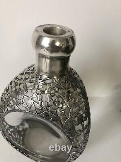 Antique Japanese Sterling Silver Decanter Overlay Glass Bottle/ Decanter