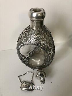 Antique Japanese Sterling Silver Decanter Overlay Glass Bottle/ Decanter