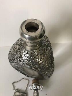 Antique Japanese Sterling Silver Decanter Overlay Glass Bottle/ Decanter