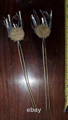 Antique Japanese Sterling Silver Hairpins Ornaments Kanzashi PAIR gold gilt