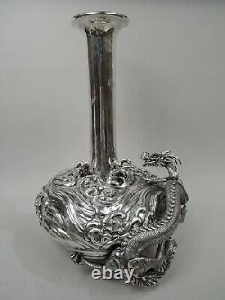 Antique Vase Large Meiji Centerpiece Dragon Waves Japanese Silver