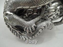 Antique Vase Large Meiji Centerpiece Dragon Waves Japanese Silver