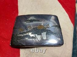 Antique japanese traditionally cigarette case sterling silver makie mt. Fuji