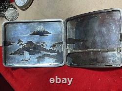 Antique japanese traditionally cigarette case sterling silver makie mt. Fuji
