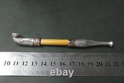Antique sterling silver smoking pipe Kiseru 4.7 inch flower pattern Japanese