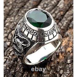 Emerald Green Stone Japanese Tiger & Dragon Sterling Silver Mens Rings
