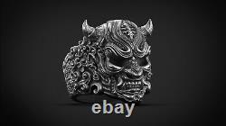 Evil Spirit Japanese Samurai Vintage Hannya Oni Mask Ring 925 Sterling Silver