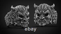 Evil Spirit Japanese Samurai Vintage Hannya Oni Mask Ring 925 Sterling Silver