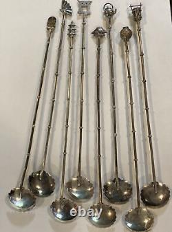 Figural Bamboo Iced Tea Spoons Japanese 950 Sterling Silver 8 Pieces 1950