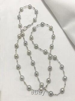 Gorgeous Silver Japanese Akoya Pearl Long Necklace Sterling Silver &Clasp, 32