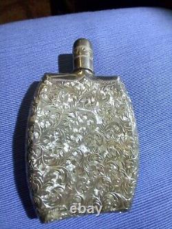 Hand Carved Japanese Engraved Chased Hip Flask. 950 Sterling Silver original