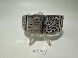 Heavy Chinese/ Japanese 4 Seasons Sterling Silver Panel Bracelet 7x1, 70.5g