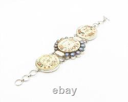 JAPANESE 925 Silver Vintage Freshwater Pearls Carved Chain Bracelet BT7508