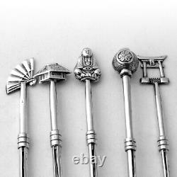 Japanese 6 Swizzle Sticks Set Figural Finials Sterling Silver