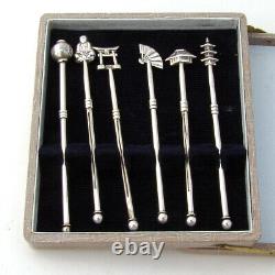 Japanese 6 Swizzle Sticks Set Figural Finials Sterling Silver