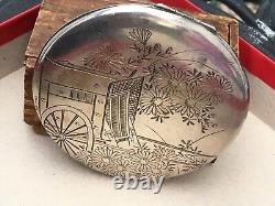 Japanese 950 Sterling Silver Etched Art Large Compact 3.8 Oz Asian Antique