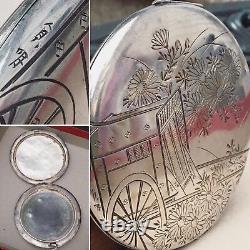 Japanese 950 Sterling Silver Etched Art Large Compact 3.8 Oz Asian Antique