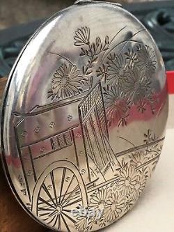 Japanese 950 Sterling Silver Etched Art Large Compact 3.8 Oz Asian Antique