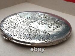 Japanese 950 Sterling Silver Etched Art Large Compact 3.8 Oz Asian Antique