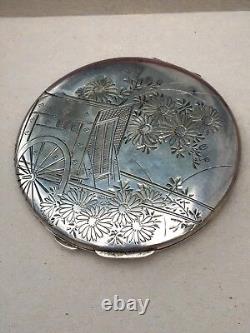 Japanese 950 Sterling Silver Etched Art Large Compact 3.8 Oz Asian Antique