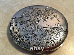 Japanese 950 Sterling Silver Etched Art Large Compact 3.8 Oz Asian Antique