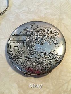 Japanese 950 Sterling Silver Etched Art Large Compact 3.8 Oz Asian Antique