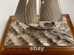 Japanese 950 Sterling Silver Miniature Yacht With Glass Case & Storage Box