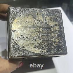 Japanese 950 Sterling Silver Top with Scenic Top withWood Insert Box