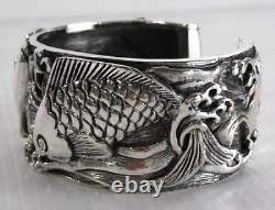 Japanese Carp Koi Fish 925 Sterling Silver Cuff Bracelet New Bangle Tattoo