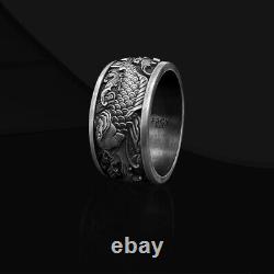 Japanese Koi Fish 925 Sterling Silver Wedding Ring for Men, Carp and Waves Ring