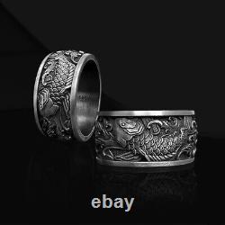 Japanese Koi Fish 925 Sterling Silver Wedding Ring for Men, Carp and Waves Ring