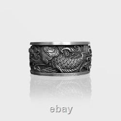 Japanese Koi Fish 925 Sterling Silver Wedding Ring for Men, Carp and Waves Ring