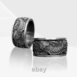 Japanese Koi Fish 925 Sterling Silver Wedding Ring for Men, Carp and Waves Ring