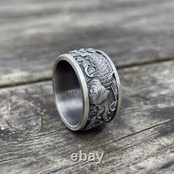 Japanese Koi Fish 925 Sterling Silver Wedding Ring for Men, Carp and Waves Ring